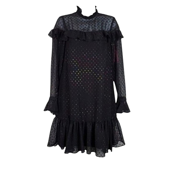 Betsey Johnson Dresses & Skirts - Betsey Johnson Womens Long Sleeve Black Shimmer Ruffle Shift Mini Dress Size 0